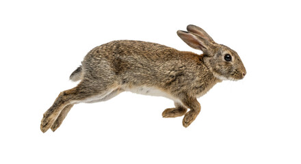 Obraz premium Wild rabbit in jumping motion, isolated on transparent background. Perfect for wildlife design, education, advertising, nature projects, and creative layouts.