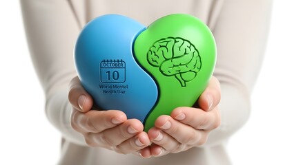 A person holding a heart-shaped stress ball with brain and calendar designs for World Mental Health Day