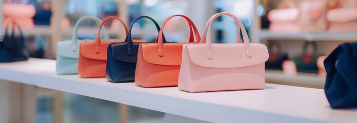 Stylish collection of women's handbags in various colors displayed on a shelf in a luxury boutique store. concept of fashion accessories, shopping, designer bags, banner