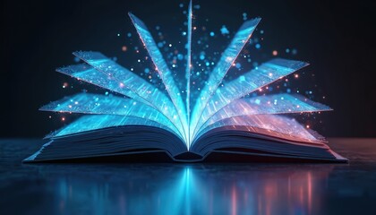 Futuristic open book displays glowing digital pages with illuminated data streams. Abstract particles and light create a sense of innovation and advanced knowledge.