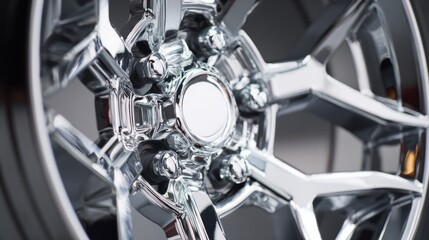 Fototapeta premium chrome. Close-up of a shiny metal wheel, showcasing industrial chrome textures and abstract reflections. safety posters. 