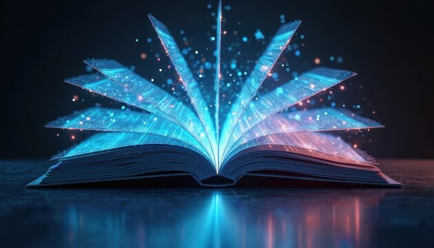 Futuristic open book displays glowing digital pages with illuminated data streams. Abstract particles and light create a sense of innovation and advanced knowledge.