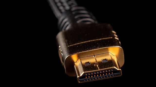 4K Goldplated hdmi cable connector closeup on a black background, essential for highdefinition digital video and audio transmission video
