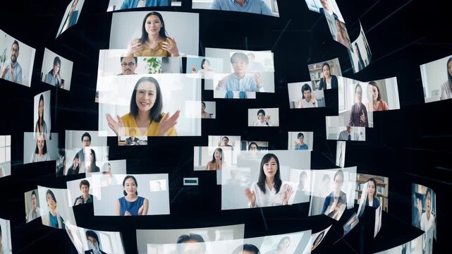 Online meeting participants appearing in spherical mosaic of video call windows. Diverse professionals and individuals communicating through remote technology