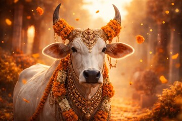Obraz premium Sacred cow adorned with flowers and jewelry in serene forest setting for maha shivaratri celebration. concept of holy cow, spiritual reverence, hindu festival.