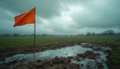 Bright orange flag marks muddy field after rain. Wet, cloudy weather. Rural land with puddle reflects grey sky. Green meadow landscape after storm. Natural countryside with overcast climate, plain