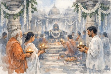 Obraz premium Hindu devotees in traditional attire performing maha shivaratri pooja at ancient temple with shiva lingam, adorned with flowers, garlands, and oil lamps. concept of spiritual devotion and worship.