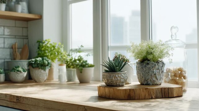 4K Modern kitchen interior with various potted plants, succulents, and decorative items on a wooden countertop by a bright window, creating a fresh and cozy home decor atmosphere video