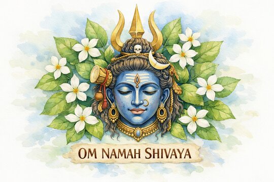 Maha shivaratri greeting card with lord shiva's blue-faced illustration surrounded by flowers and leaves, spiritual artwork for hindu festival, om namah shivaya devotion
