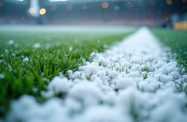Snowfall covers soccer field. Winter weather coats turf with soft white layer. Green grass contrasts with snow. Cold season creates tranquil landscape. Football sport arena in winter