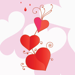 Romantic red hearts with swirls and droplets on pink and