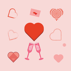 Valentines day celebration with hearts, champagne glasses, and love letter icons