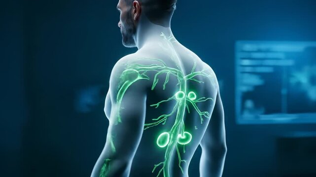 Medical animation shows lymphatic system glowing in male body. Man displays lymph nodes with green vessels. Lymphatic system visible in body scan. Male anatomy shows lymph nodes glowing green.