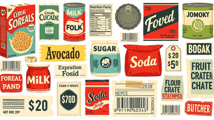 Retro grocery packaging collage illustration with vintage food labels price tags nutrition typography and distressed supermarket branding ephemera artwork