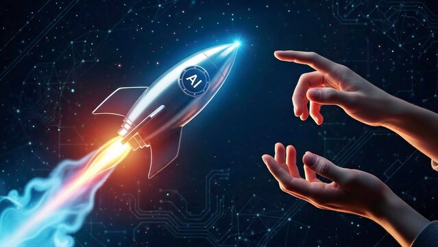 3D AI Innovation Icon with Glowing Rocket Symbol and Human Interaction for Startup Growth - Powered by Adobe