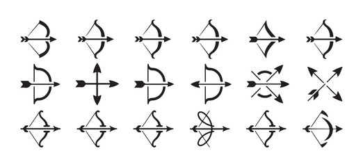 Bow and Arrow Archery Icon Set. Black Line Style, Minimal Bow, Archery Equipment Bow and Arrow Icon, Bow and Arrow Line Icon. Vector illustration eps 10