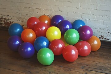Rainbow colored balloons grouped in a bunch, floating playfully above