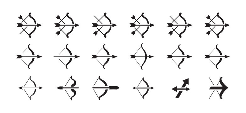 Bow and Arrow Archery Icon Set. Black Line Style, Minimal Bow, Archery Equipment Bow and Arrow Icon, Bow and Arrow Line Icon. Vector illustration eps 10