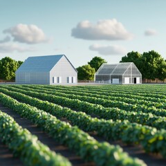 Agricultural Landscape with Greenhouses and Crops, farming, greenhouses