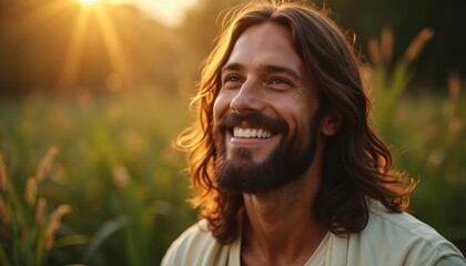 Jesus Christ smiles in a sunlit field of green grass. His expression conveys joy hope and peace. Divine light illuminates his face. Religious figure looks towards heaven. Holy man radiates warmth.