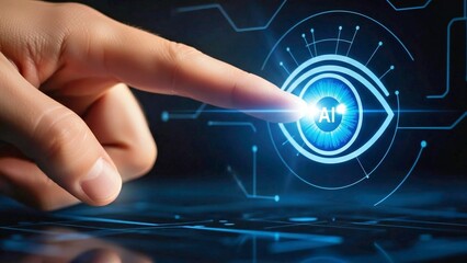 3D Human Finger Pressing AI Vision Icon with Glowing Digital Eye and Cyber Interface