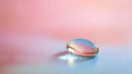 hydrate. Macro shot of a single water droplet on glass creating refraction patterns with soft backlighting. STEM education sheets, lab safety posters, designed for biotech research communications.
