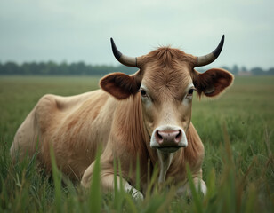 Light brown cow lies on green grass field with soft cloudy sky. Animal has horns and looks tired. Gentle rural farm scene shows bovine resting in meadow.