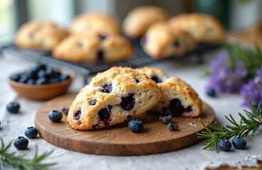 Delicious blueberry scones on wooden board. Baked goods feature fresh berries. Homemade pastries are perfect for breakfast or snack. Sweet dessert photo shows close up of the food.