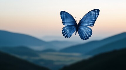Blue Butterfly Over Mountainscape, Nature , Serenity