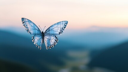 Blue Butterfly Over Mountain Range at Sunset, Nature , Serenity