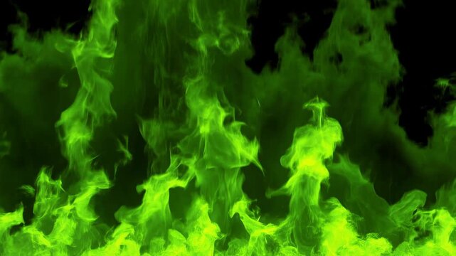 Dynamic green flames dance in nighttime sequence capturing vibrant movement and energy