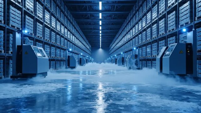 Interior of modern cold storage warehouse with long rows of pallets, cooling mist and industrial system for product storage at low temperature for logistics