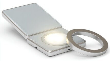 portable. A sleek modern device with glossy surfaces stands isolated, reflecting light for a clean and polished aesthetic. product launch decks.
