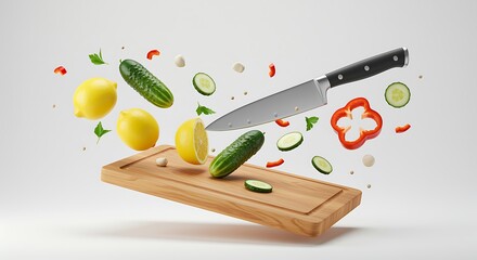 Knife cutting vegetables and fruits on wooden board in mid air