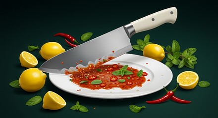 Knife on plate with chili sauce and lemons and mint leaves on dark surface