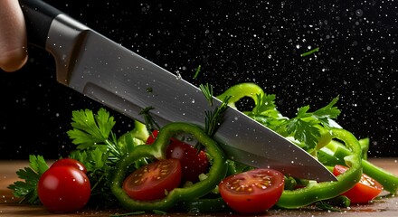 Knife slicing through fresh vegetables on wooden cutting board with water splashing around