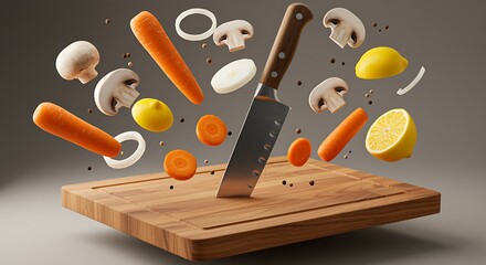 Knife on wooden cutting board with floating vegetables and lemon