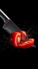 Knife slicing tomato in motion