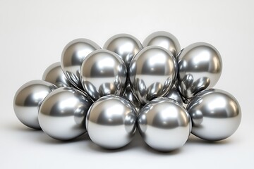 Cluster of metallic silver balloons with glossy, reflective surfaces