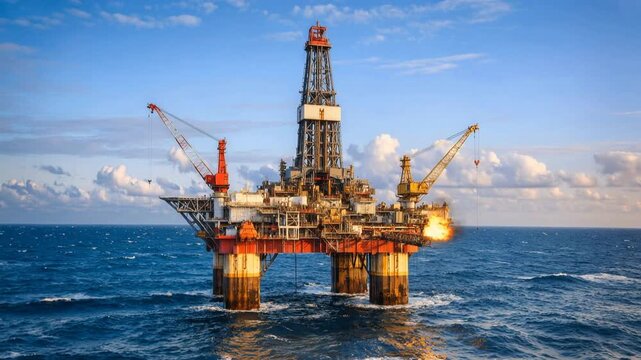 Industrial oil production facility stationed in deep water. Large marine structure with drilling equipment under morning sky.