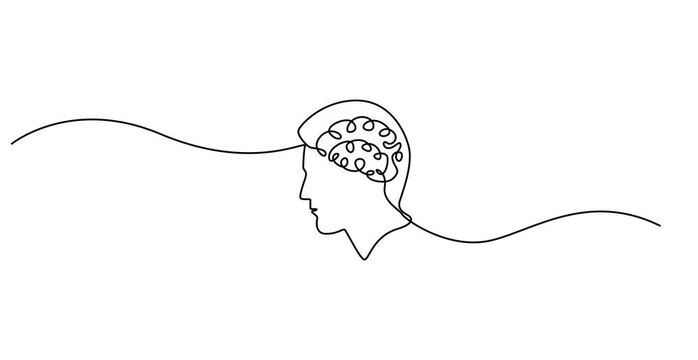 Animated self drawing of Continuous one-line drawing of a human head with a brain.  Symbol of mental thinking in a simple linear style. Concept of psychology, learning.