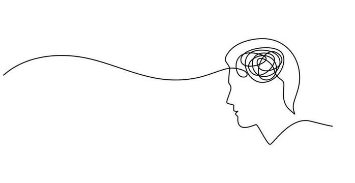 Continuous one-line art anxiety drawing art of stress Animated self drawing of confusing people because any problem. Vector illustration of man mess feeling with round scribbles instead of a head. 