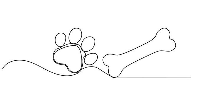 Video. Drawing of a dog's paw and bone with a continuous line. Paw print with bone with one editable line. Cute Print for design. Animation on white background 4K.
