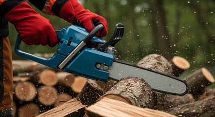 person cutting wood with a chainsaw outdoors in the forest