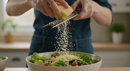 person grating cheese over salad in kitchen