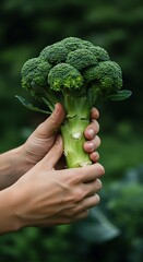 person holding a large green broccoli crown  healthy eating