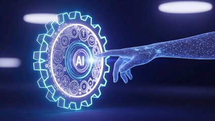 3D Human Hand Touching Holographic AI Automation Icon with Glowing Circuits and Tech
