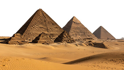 Three ancient Egyptian pyramids isolated, cut out on PNG, iconic historic monuments of Egypt on transparent background. AI generated.
