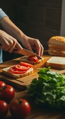 person preparing sandwich with tomatoes on wooden cutting board in kitchen