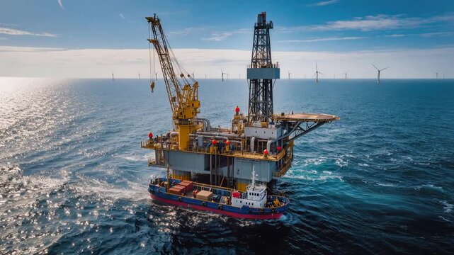 Jackup drilling vessel with dual cranes and derrick tower in open ocean. Supply boat moored alongside platform with wind turbines visible on horizon. Orbiting aerial wide shot.